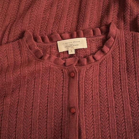 EUC Sezane Louis Ruffle Sleeve Cardigan in Rosewood Pink Merino Wool | size L - Picture 8 of 10